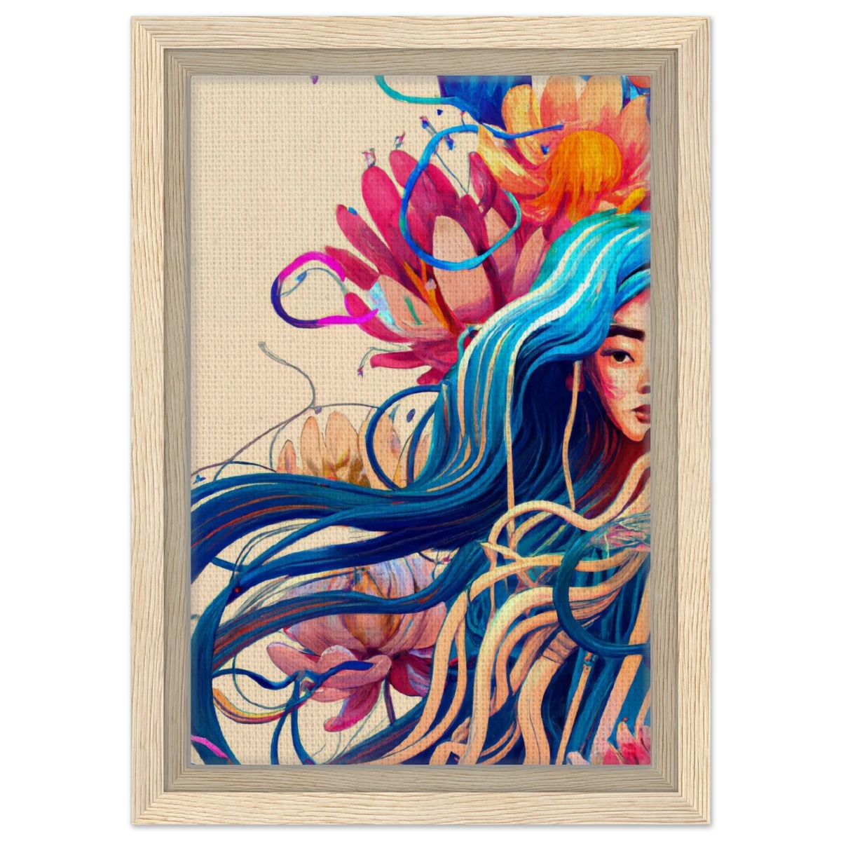 Blooming Whispers – Surreal Floral Femme Fantasy | Wall Art Print - Framed Canvas - 20x30 cm / 8x12″ - Wood frame