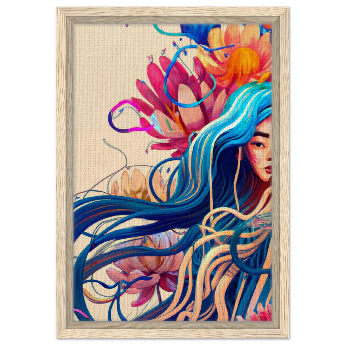 Blooming Whispers – Surreal Floral Femme Fantasy | Wall Art Print - Framed Canvas - 30x45 cm / 12x18″ - Wood frame