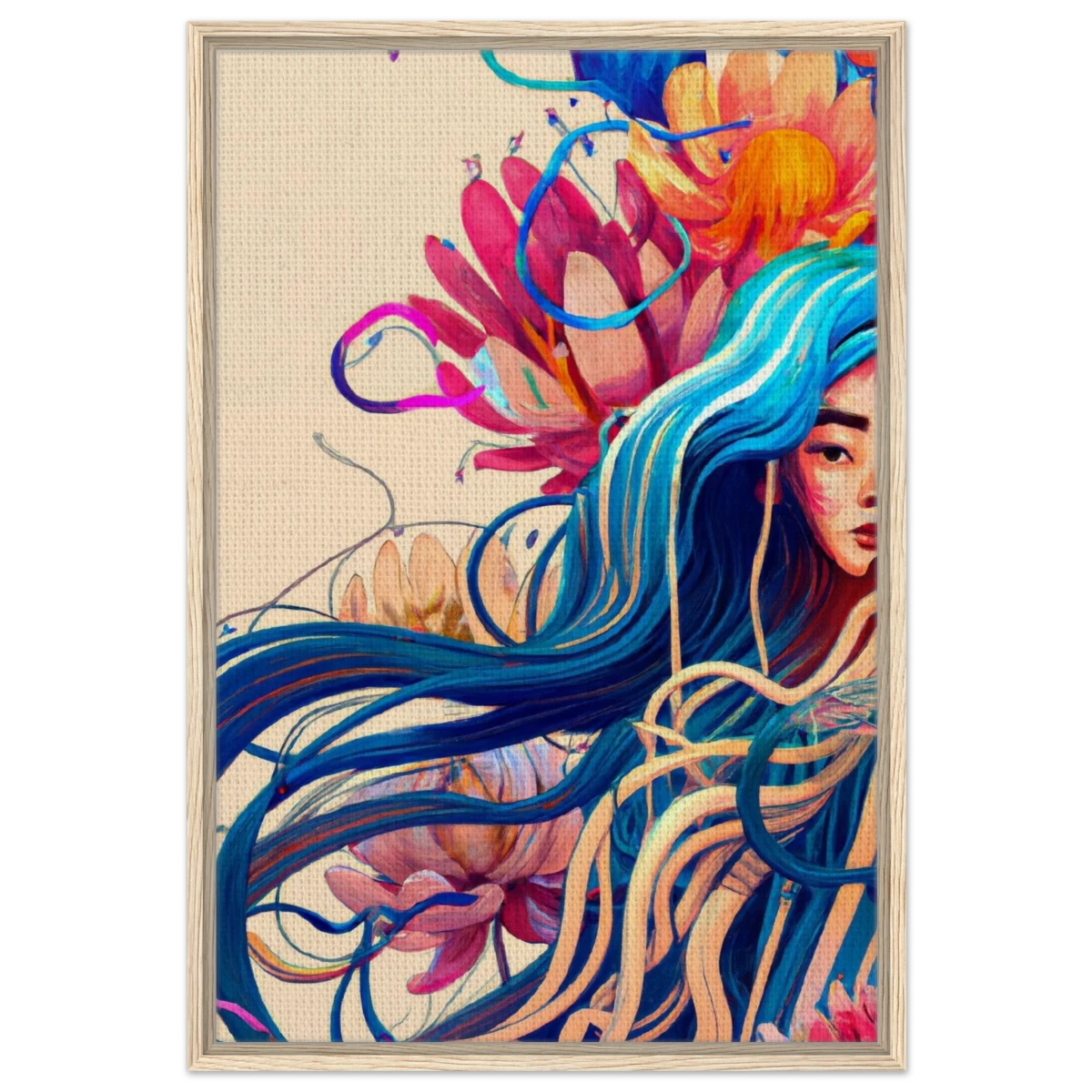 Blooming Whispers – Surreal Floral Femme Fantasy | Wall Art Print - Framed Canvas - 60x90 cm / 24x36″ - Wood frame