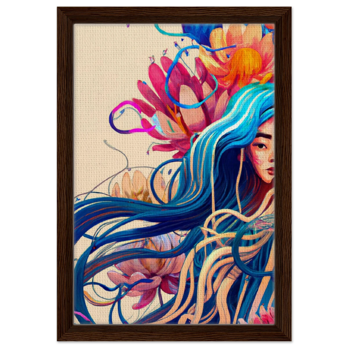 Blooming Whispers – Surreal Floral Femme Fantasy | Wall Art Print - Framed Canvas - 30x45 cm / 12x18″ - Dark wood frame