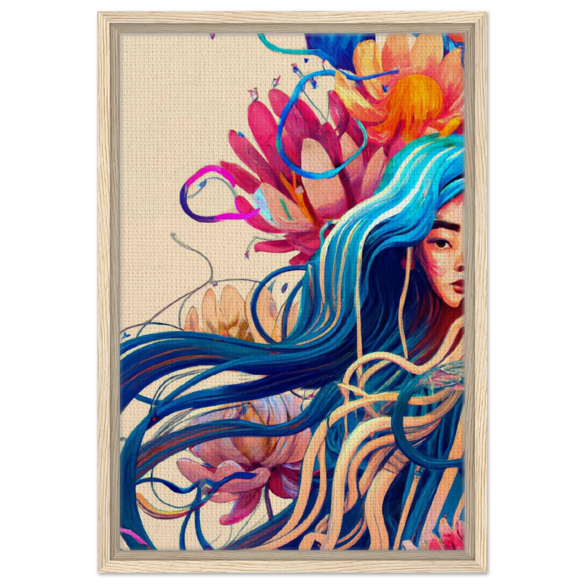 Blooming Whispers – Surreal Floral Femme Fantasy | Wall Art Print - Framed Canvas - 40x60 cm / 16x24″ - Wood frame
