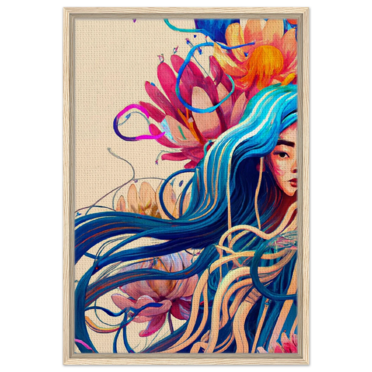Blooming Whispers – Surreal Floral Femme Fantasy | Wall Art Print - Framed Canvas - 50x75 cm / 20x30″ - Wood frame