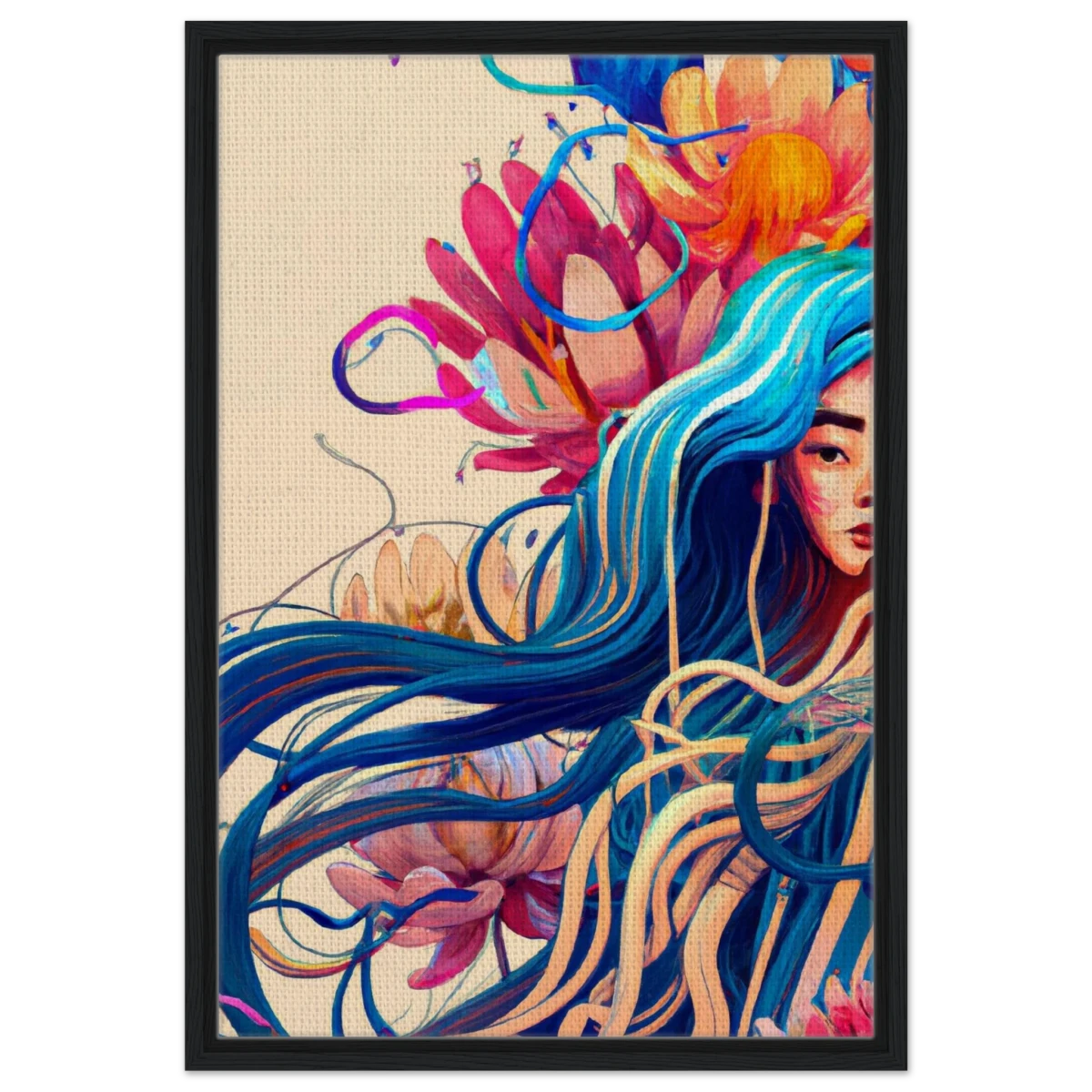 Blooming Whispers – Surreal Floral Femme Fantasy | Wall Art Print - Framed Canvas - 50x75 cm / 20x30″ - Black frame