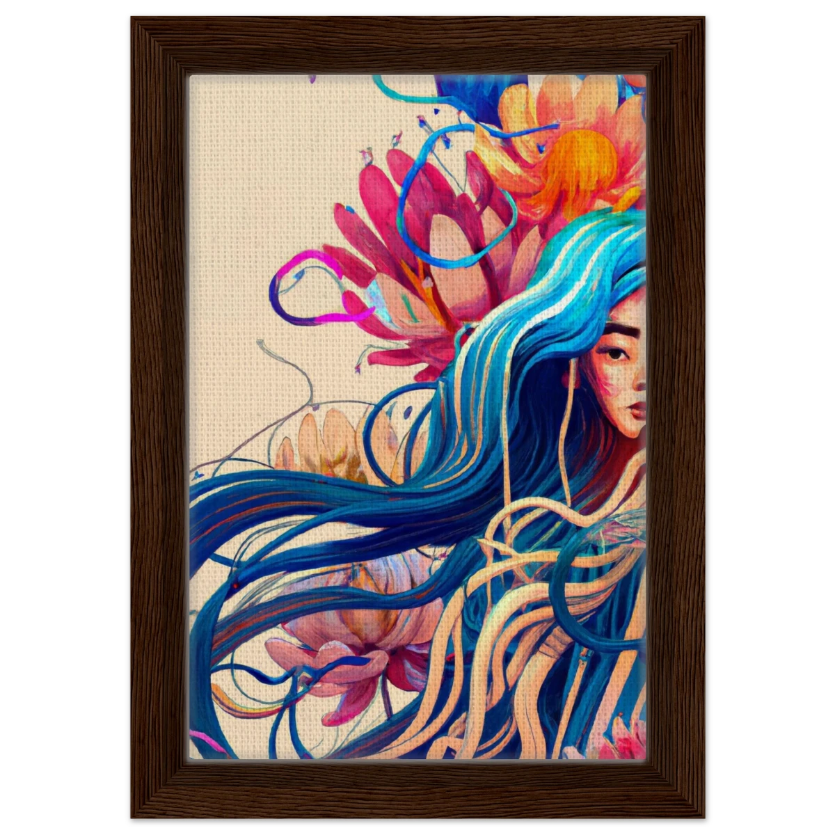 Blooming Whispers – Surreal Floral Femme Fantasy | Wall Art Print - Framed Canvas - 20x30 cm / 8x12″ - Dark wood frame