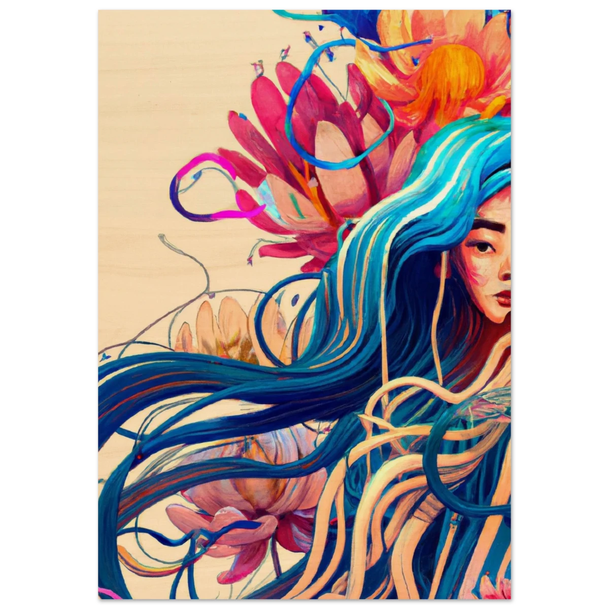 Blooming Whispers – Surreal Floral Femme Fantasy | Wall Art Print - Wood Prints - 70x100 cm / 28x40″ -