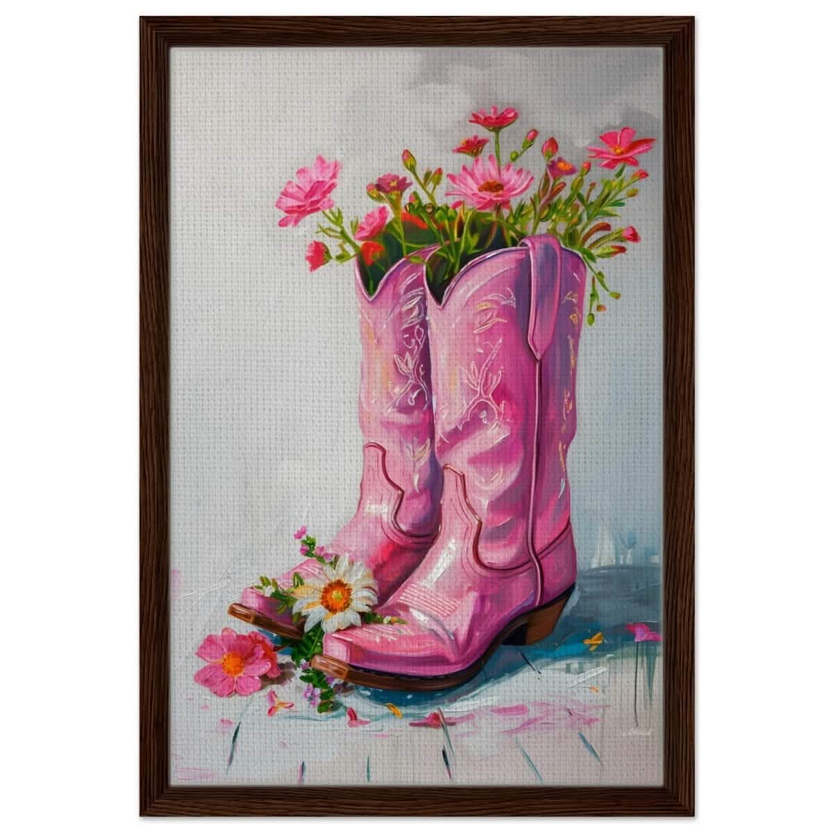 Blossom Boots: A Whimsical Celebration of Color and Charm | Contemporary Whimsical Art - Framed Canvas - 40x60 cm / 16x24″ - Dark wood frame