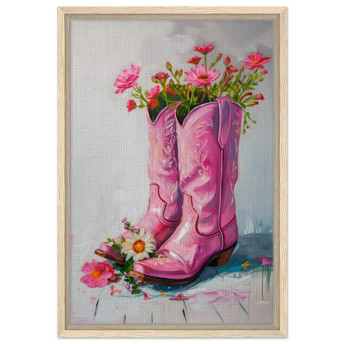 Blossom Boots: A Whimsical Celebration of Color and Charm | Contemporary Whimsical Art - Framed Canvas - 40x60 cm / 16x24″ - Wood frame
