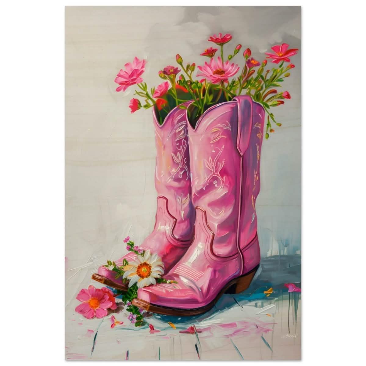 Blossom Boots: A Whimsical Celebration of Color and Charm | Contemporary Whimsical Art - Wood Prints - 60x90 cm / 24x36″ -