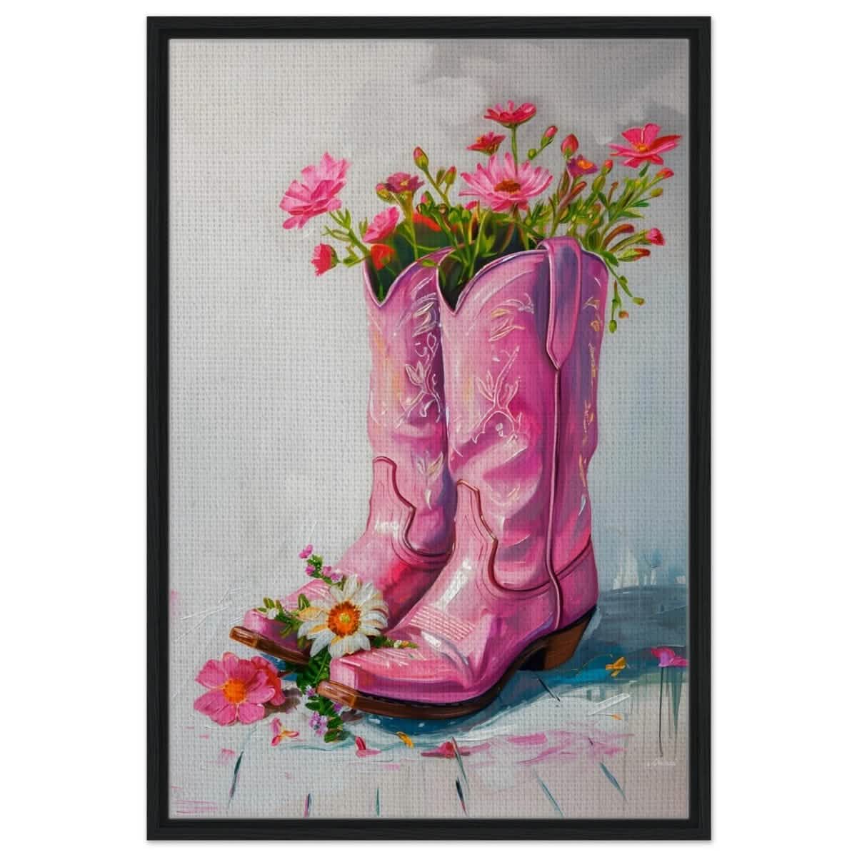 Blossom Boots: A Whimsical Celebration of Color and Charm | Contemporary Whimsical Art - Framed Canvas - 60x90 cm / 24x36″ - Black frame