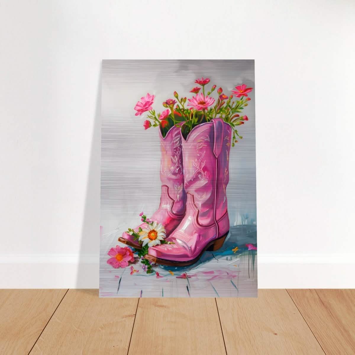 Blossom Boots: A Whimsical Celebration of Color and Charm | Contemporary Whimsical Art - Brushed Aluminum Print - 50x75 cm / 20x30″ -