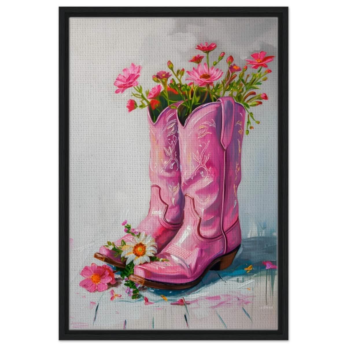 Blossom Boots: A Whimsical Celebration of Color and Charm | Contemporary Whimsical Art - Framed Canvas - 50x75 cm / 20x30″ - Black frame