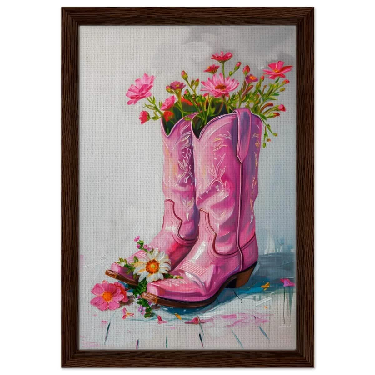 Blossom Boots: A Whimsical Celebration of Color and Charm | Contemporary Whimsical Art - Framed Canvas - 30x45 cm / 12x18″ - Dark wood frame