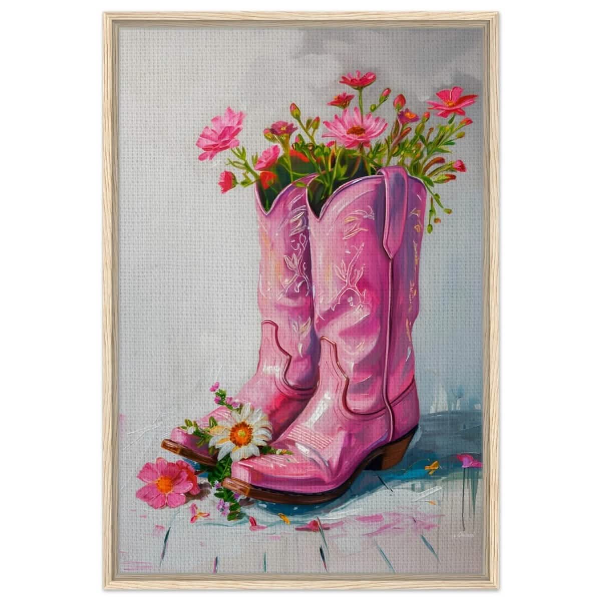 Blossom Boots: A Whimsical Celebration of Color and Charm | Contemporary Whimsical Art - Framed Canvas - 60x90 cm / 24x36″ - Wood frame