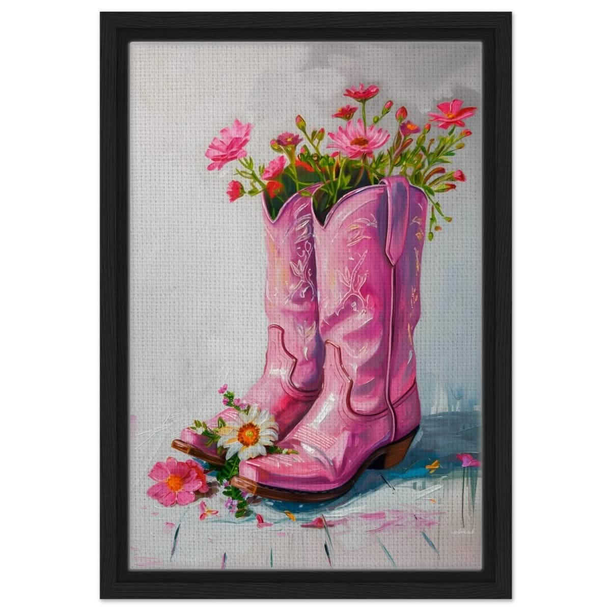 Blossom Boots: A Whimsical Celebration of Color and Charm | Contemporary Whimsical Art - Framed Canvas - 30x45 cm / 12x18″ - Black frame