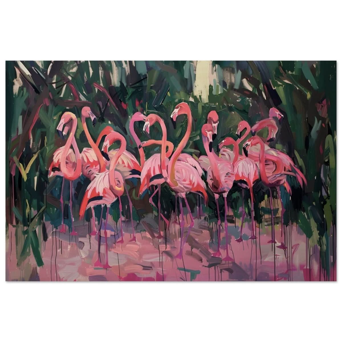 Blush Lagoon: The Flamingo Ballet | Abstract Expressionist Wildlife Art - Wood Prints - 50x75 cm / 20x30″ -