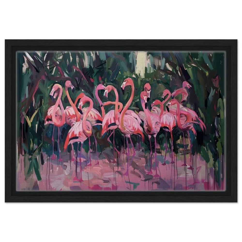 Blush Lagoon: The Flamingo Ballet | Abstract Expressionist Wildlife Art - Framed Canvas - 30x45 cm / 12x18″ - Black frame