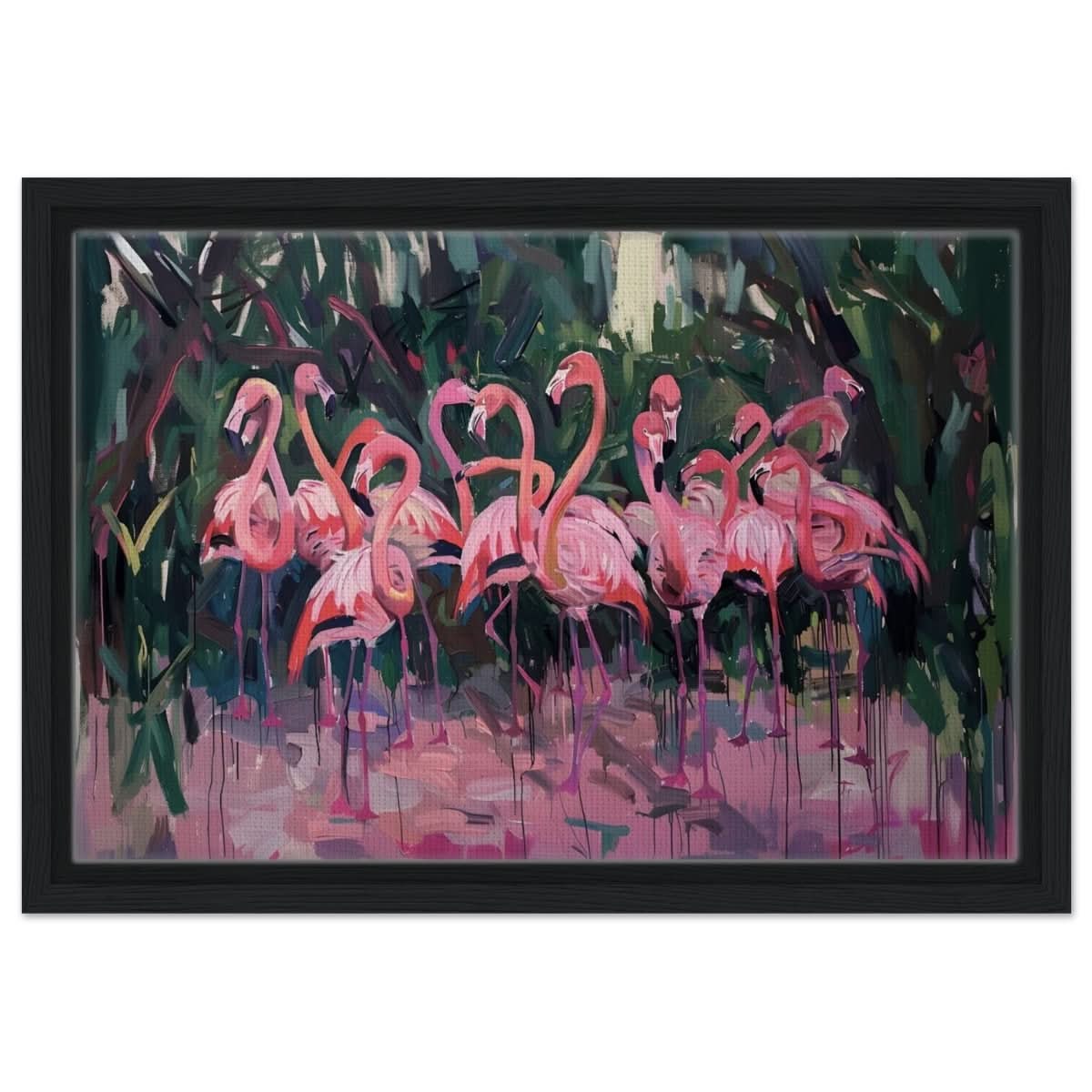 Blush Lagoon: The Flamingo Ballet | Abstract Expressionist Wildlife Art - Framed Canvas - 30x45 cm / 12x18″ - Black frame