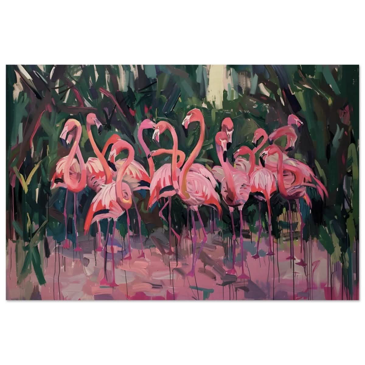 Blush Lagoon: The Flamingo Ballet | Abstract Expressionist Wildlife Art - Wood Prints - 30x45 cm / 12x18″ -