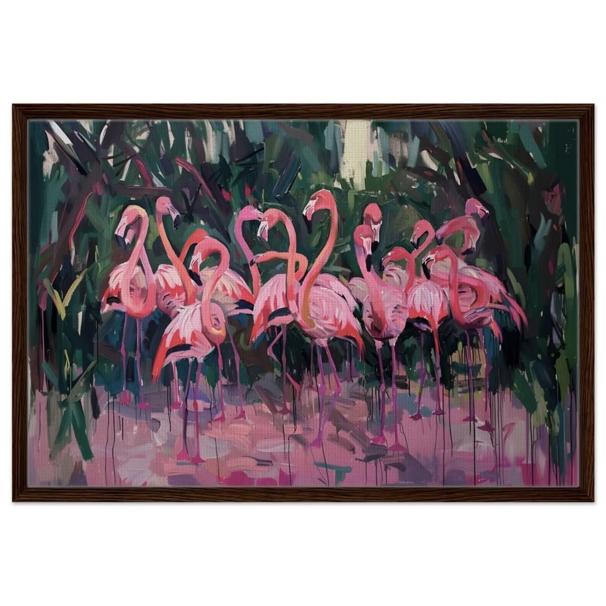 Blush Lagoon: The Flamingo Ballet | Abstract Expressionist Wildlife Art - Framed Canvas - 60x90 cm / 24x36″ - Dark wood frame