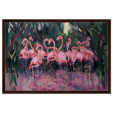 Blush Lagoon: The Flamingo Ballet | Abstract Expressionist Wildlife Art - Framed Canvas - 60x90 cm / 24x36″ - Dark wood frame