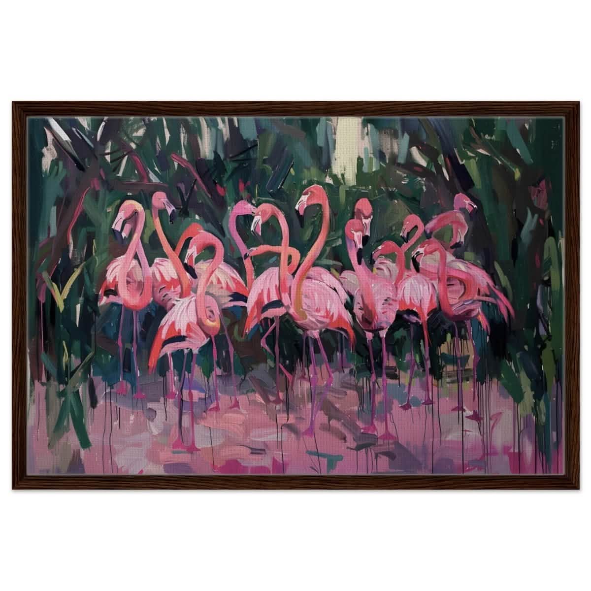 Blush Lagoon: The Flamingo Ballet | Abstract Expressionist Wildlife Art - Framed Canvas - 60x90 cm / 24x36″ - Dark wood frame