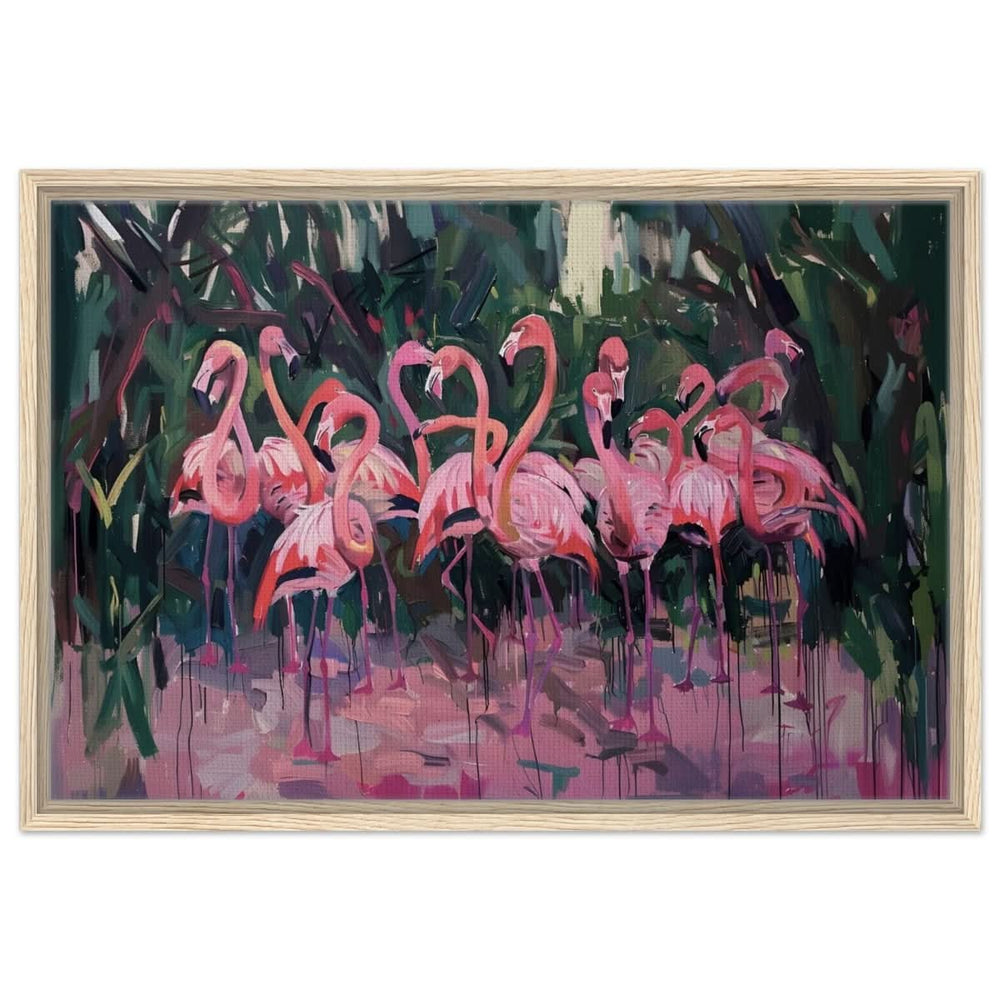 Blush Lagoon: The Flamingo Ballet | Abstract Expressionist Wildlife Art - Framed Canvas - 50x75 cm / 20x30″ - Wood frame