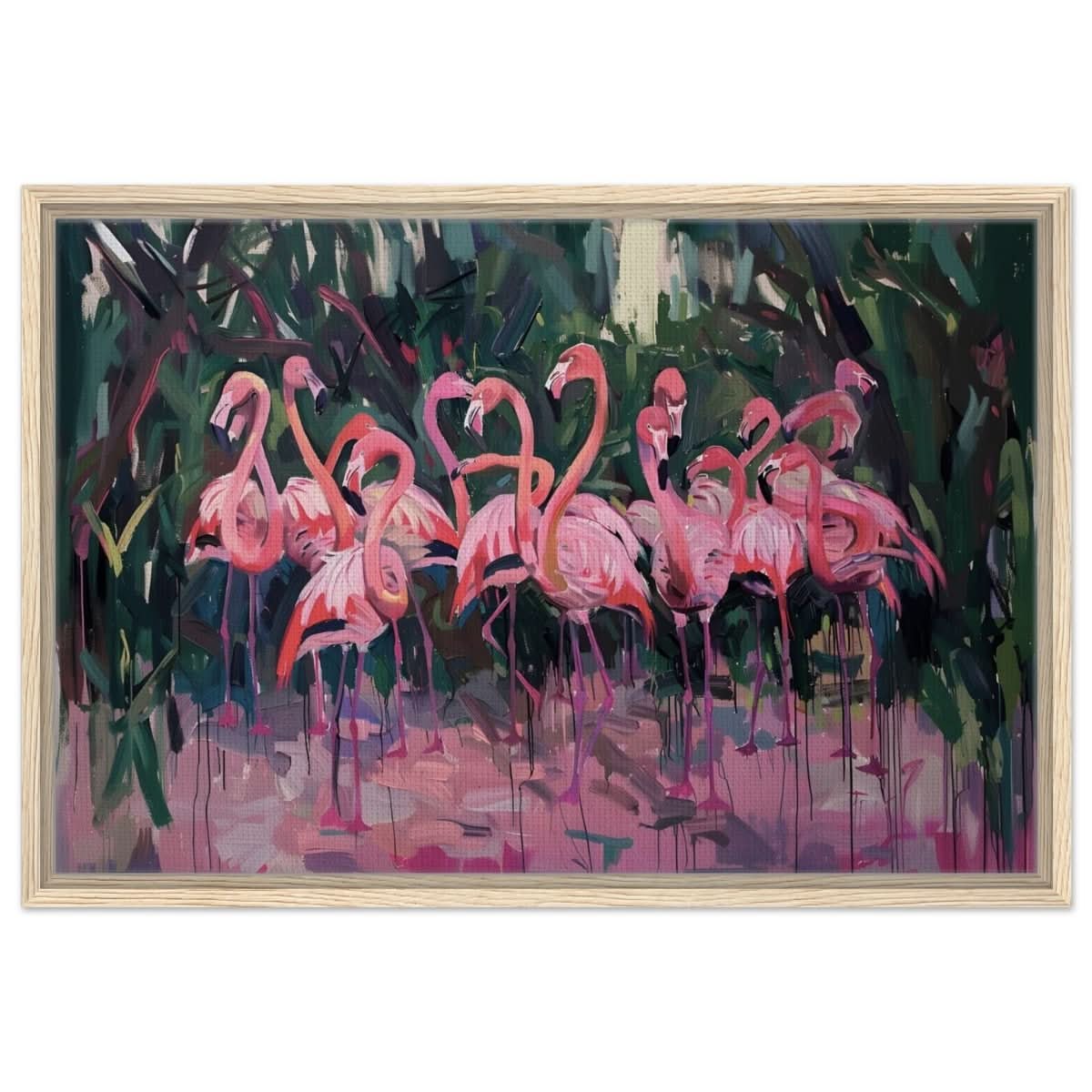 Blush Lagoon: The Flamingo Ballet | Abstract Expressionist Wildlife Art - Framed Canvas - 50x75 cm / 20x30″ - Wood frame
