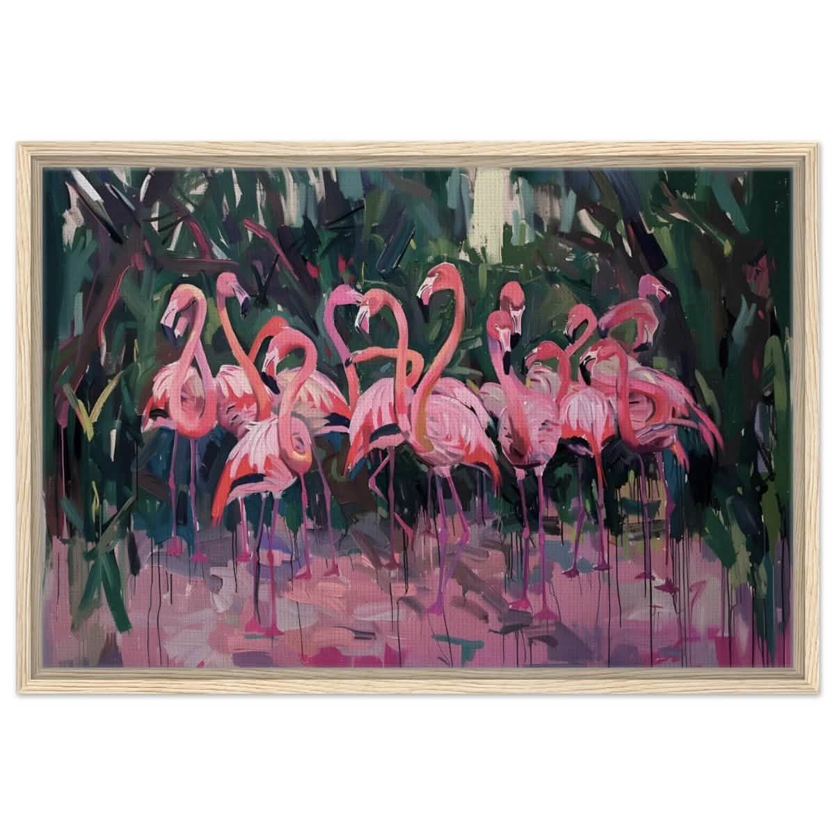 Blush Lagoon: The Flamingo Ballet | Abstract Expressionist Wildlife Art - Framed Canvas - 50x75 cm / 20x30″ - Wood frame