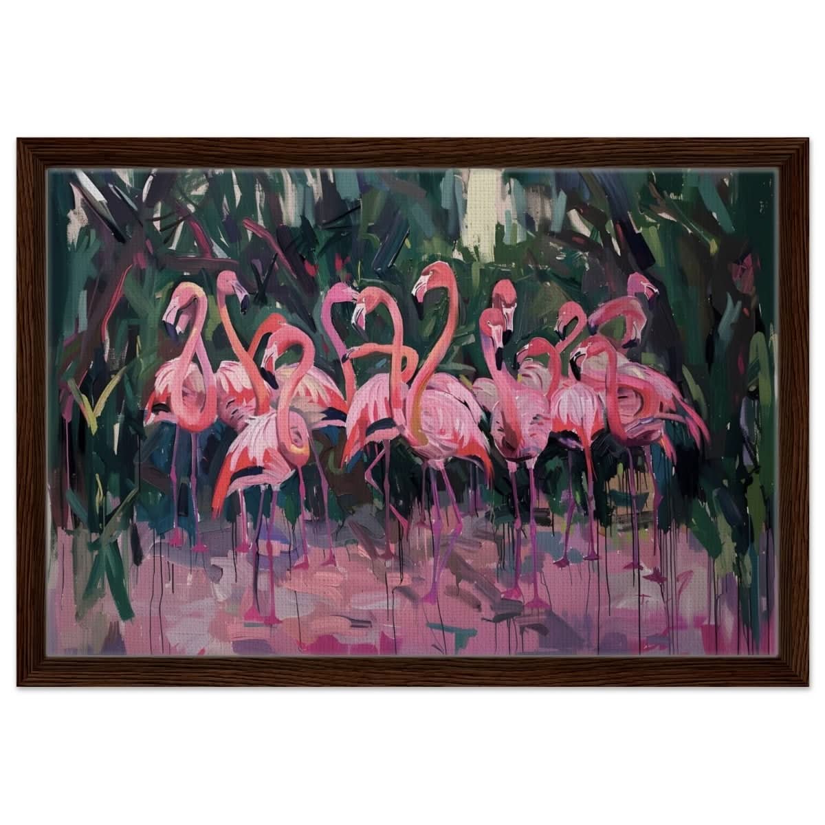 Blush Lagoon: The Flamingo Ballet | Abstract Expressionist Wildlife Art - Framed Canvas - 40x60 cm / 16x24″ - Dark wood frame