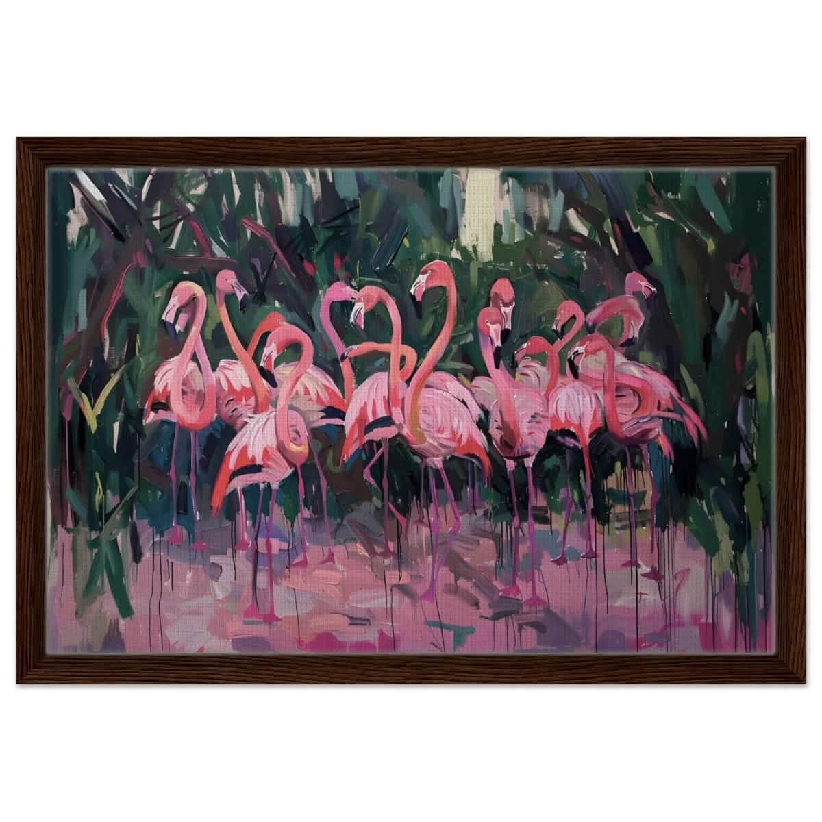 Blush Lagoon: The Flamingo Ballet | Abstract Expressionist Wildlife Art - Framed Canvas - 40x60 cm / 16x24″ - Dark wood frame