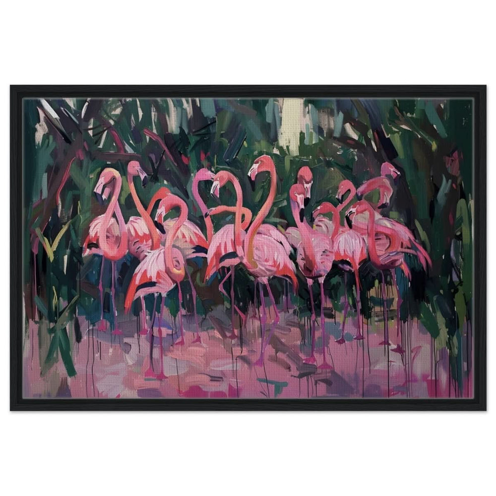 Blush Lagoon: The Flamingo Ballet | Abstract Expressionist Wildlife Art - Framed Canvas - 60x90 cm / 24x36″ - Black frame