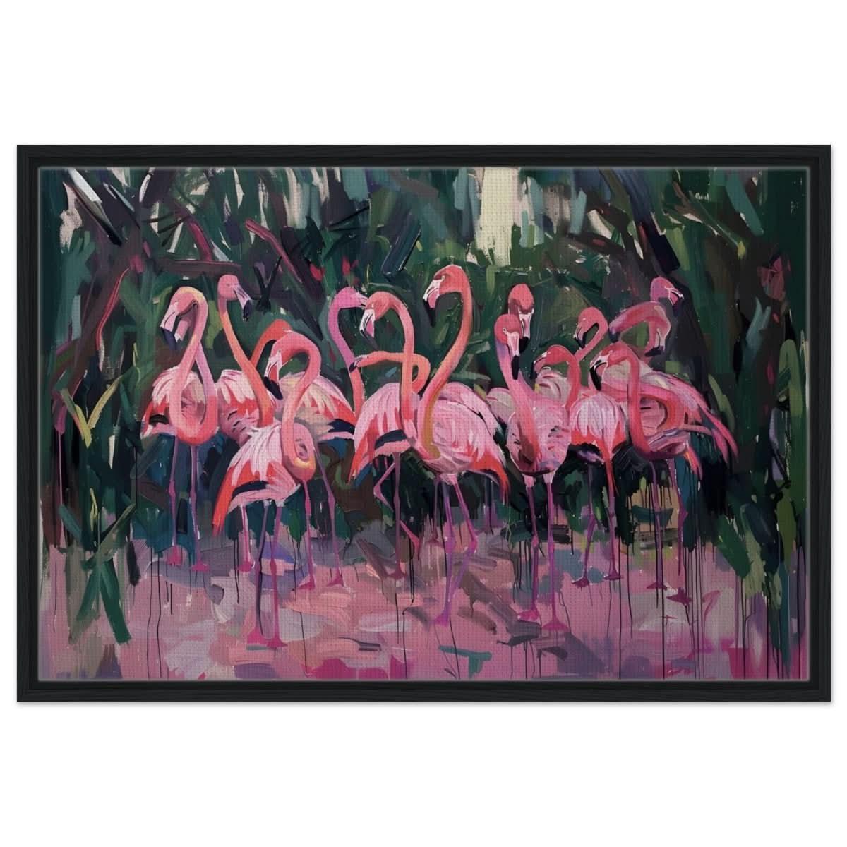 Blush Lagoon: The Flamingo Ballet | Abstract Expressionist Wildlife Art - Framed Canvas - 60x90 cm / 24x36″ - Black frame