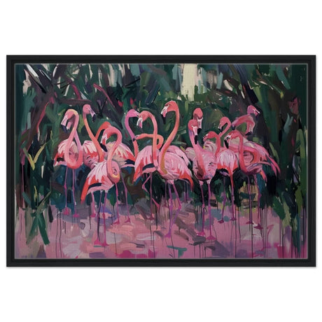 Blush Lagoon: The Flamingo Ballet | Abstract Expressionist Wildlife Art - Framed Canvas - 60x90 cm / 24x36″ - Black frame