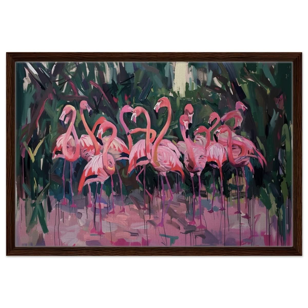 Blush Lagoon: The Flamingo Ballet | Abstract Expressionist Wildlife Art - Framed Canvas - 50x75 cm / 20x30″ - Dark wood frame