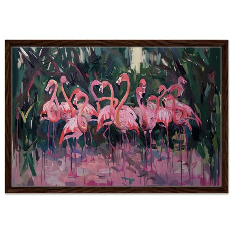 Blush Lagoon: The Flamingo Ballet | Abstract Expressionist Wildlife Art - Framed Canvas - 50x75 cm / 20x30″ - Dark wood frame