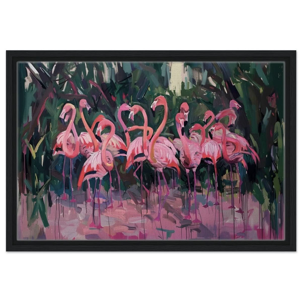 Blush Lagoon: The Flamingo Ballet | Abstract Expressionist Wildlife Art - Framed Canvas - 40x60 cm / 16x24″ - Black frame