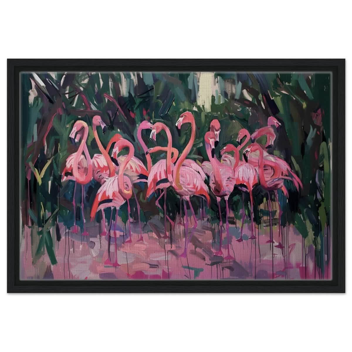 Blush Lagoon: The Flamingo Ballet | Abstract Expressionist Wildlife Art - Framed Canvas - 40x60 cm / 16x24″ - Black frame
