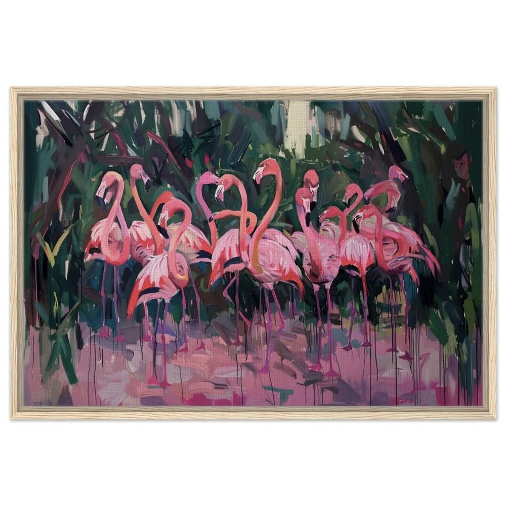 Blush Lagoon: The Flamingo Ballet | Abstract Expressionist Wildlife Art - Framed Canvas - 60x90 cm / 24x36″ - Wood frame