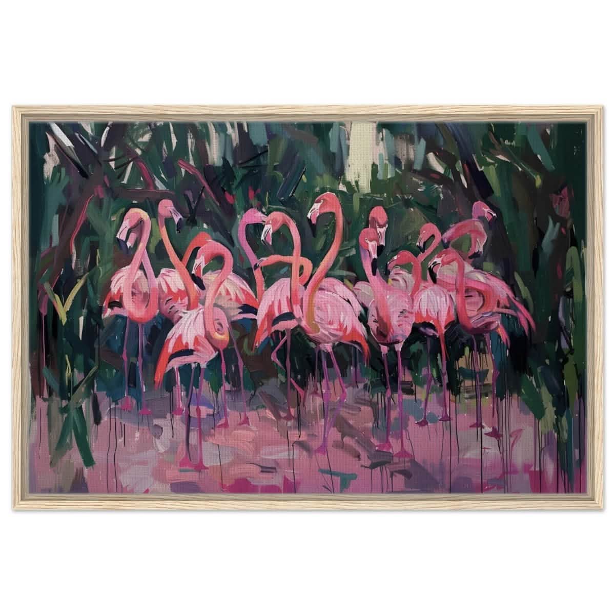Blush Lagoon: The Flamingo Ballet | Abstract Expressionist Wildlife Art - Framed Canvas - 60x90 cm / 24x36″ - Wood frame