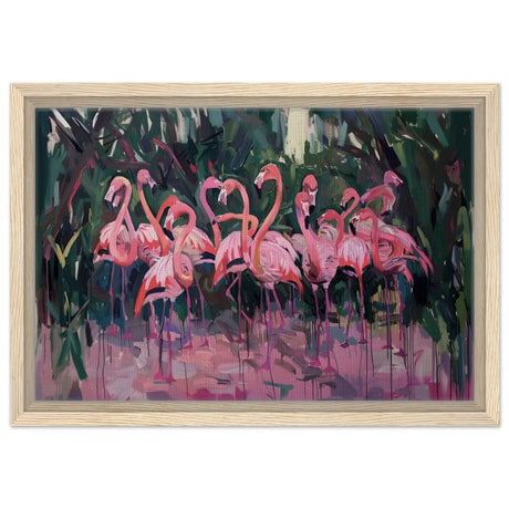 Blush Lagoon: The Flamingo Ballet | Abstract Expressionist Wildlife Art - Framed Canvas - 30x45 cm / 12x18″ - Wood frame