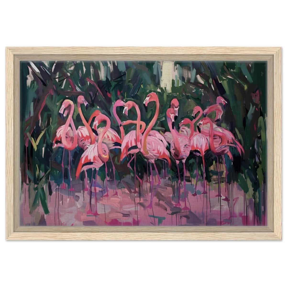 Blush Lagoon: The Flamingo Ballet | Abstract Expressionist Wildlife Art - Framed Canvas - 30x45 cm / 12x18″ - Wood frame