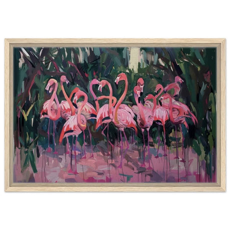 Blush Lagoon: The Flamingo Ballet | Abstract Expressionist Wildlife Art - Framed Canvas - 40x60 cm / 16x24″ - Wood frame