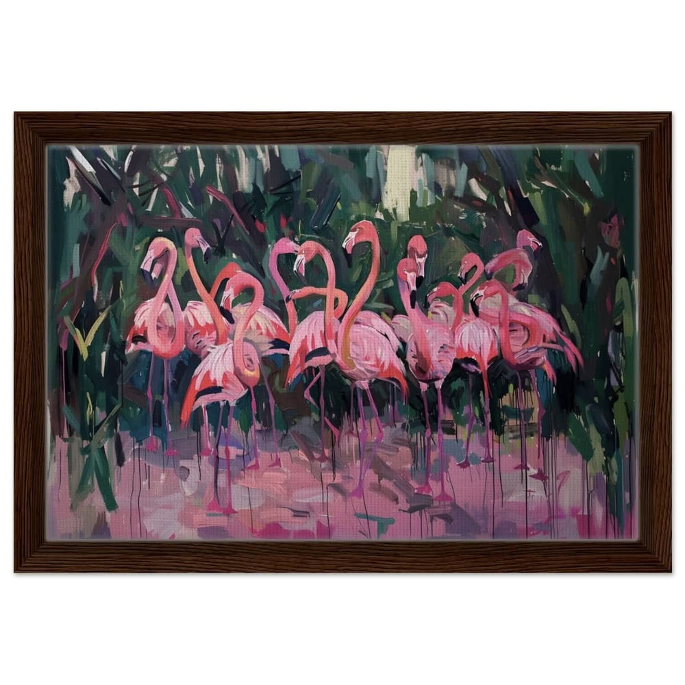 Blush Lagoon: The Flamingo Ballet | Abstract Expressionist Wildlife Art - Framed Canvas - 30x45 cm / 12x18″ - Dark wood frame