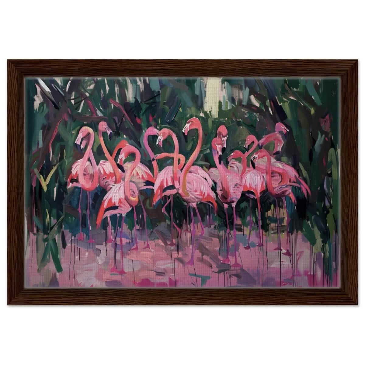 Blush Lagoon: The Flamingo Ballet | Abstract Expressionist Wildlife Art - Framed Canvas - 30x45 cm / 12x18″ - Dark wood frame