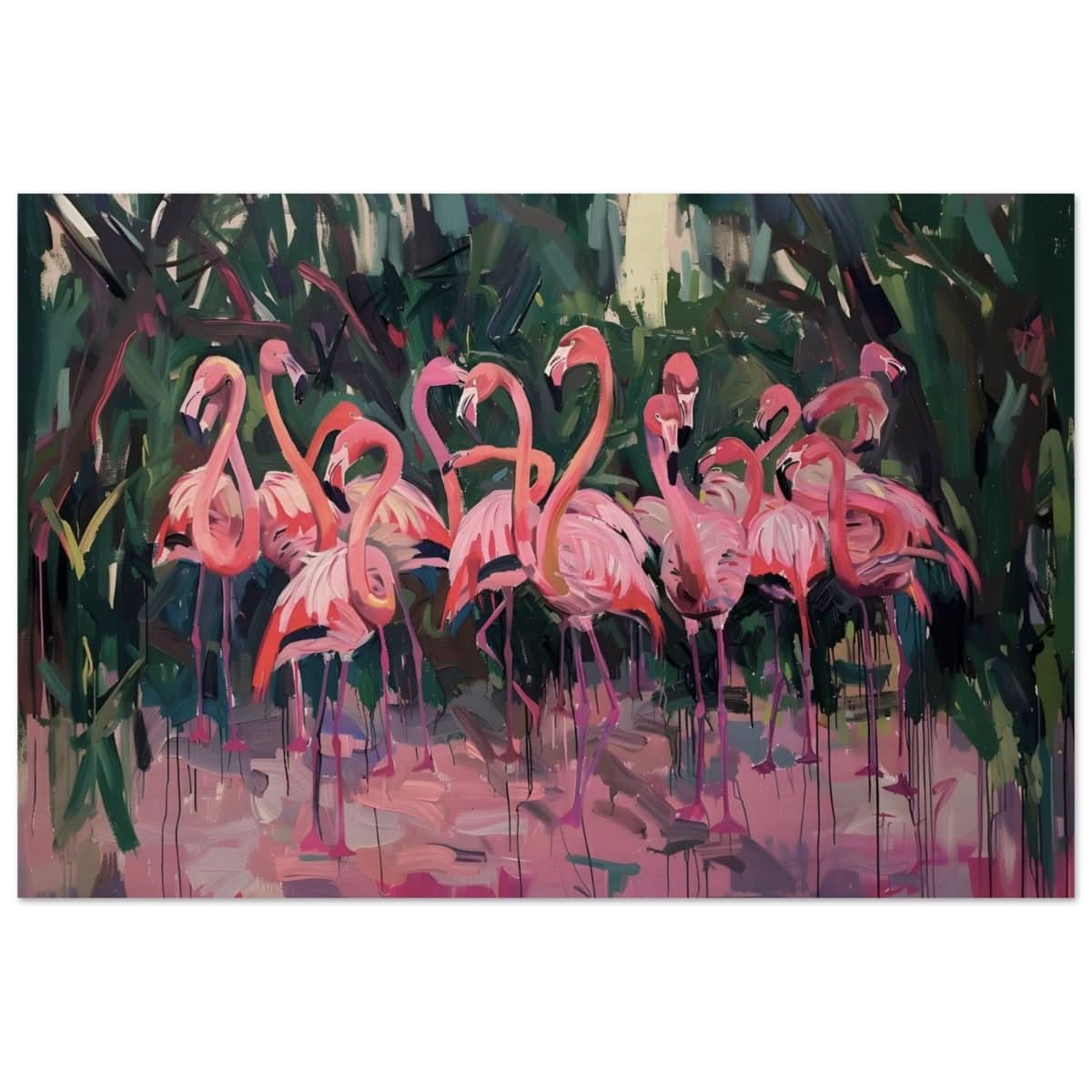 Blush Lagoon: The Flamingo Ballet | Abstract Expressionist Wildlife Art - Wood Prints - 40x60 cm / 16x24″ -