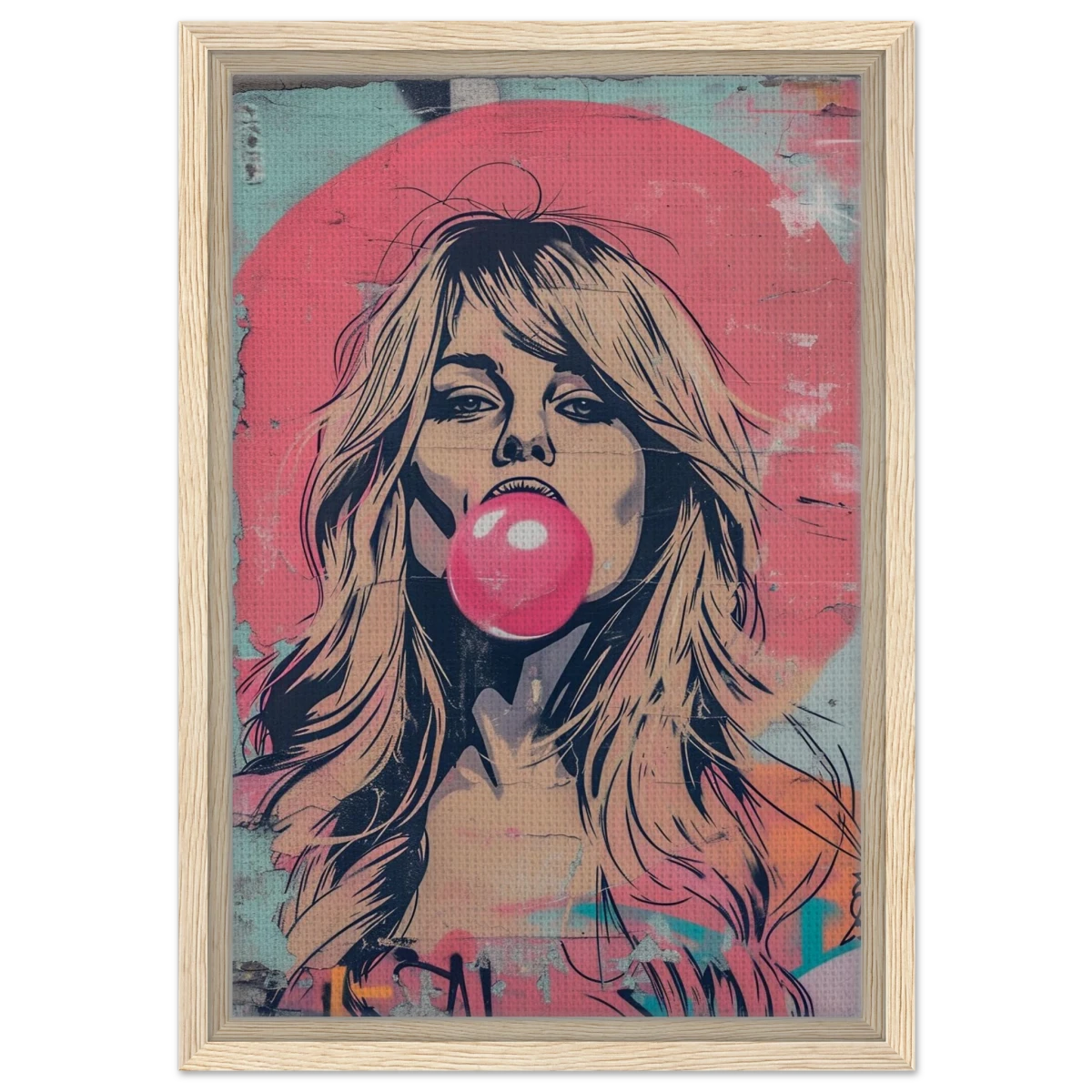 "Bubblegum Bardot" – Urban Pop Art Wall Print - Framed Canvas - 30x45 cm / 12x18″ - Wood frame