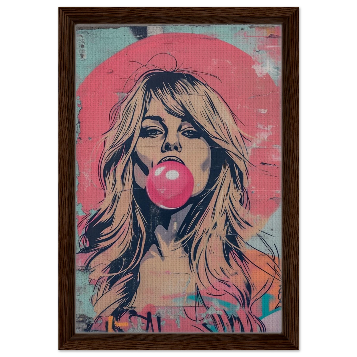 "Bubblegum Bardot" – Urban Pop Art Wall Print - Framed Canvas - 30x45 cm / 12x18″ - Dark wood frame