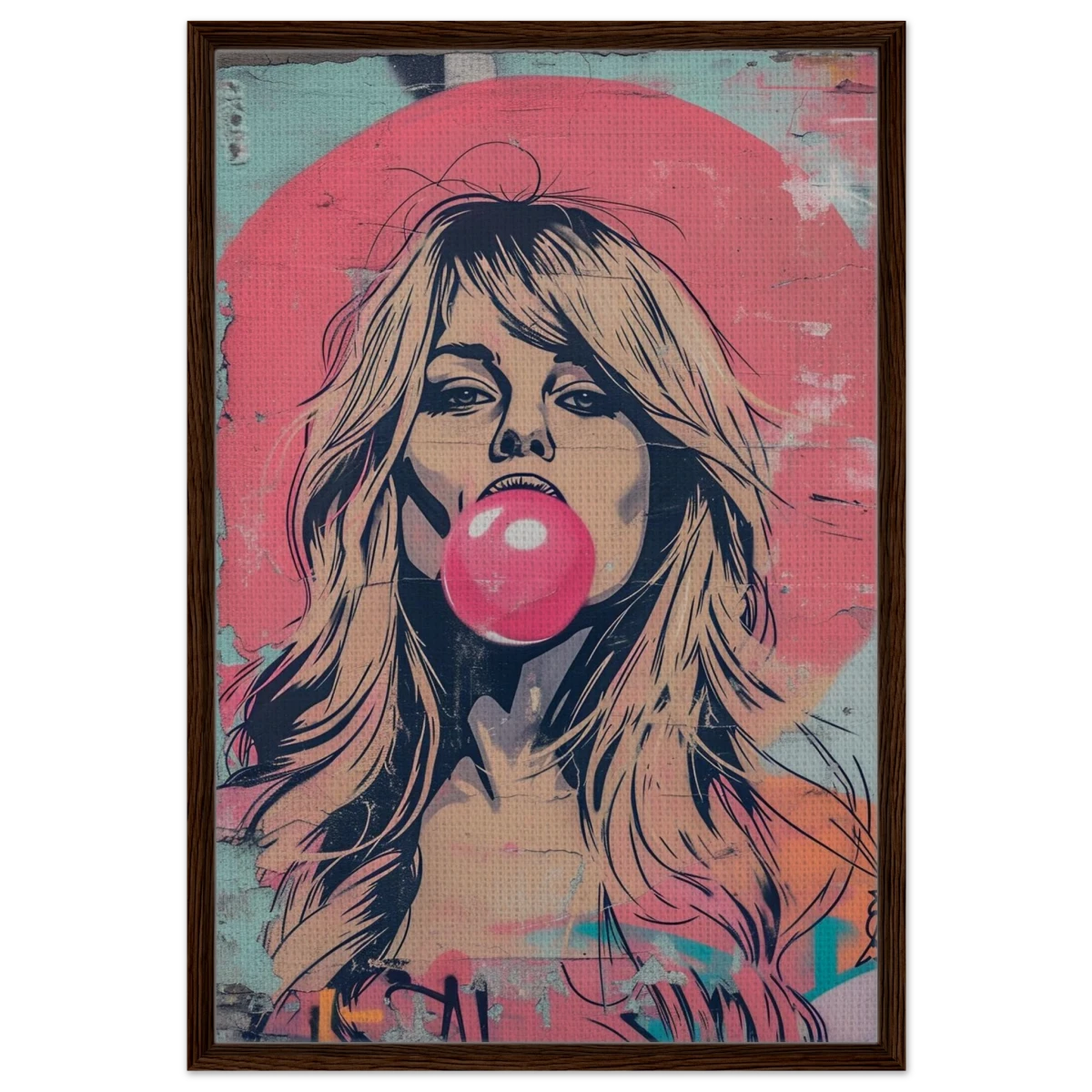 "Bubblegum Bardot" – Urban Pop Art Wall Print - Framed Canvas - 60x90 cm / 24x36″ - Dark wood frame