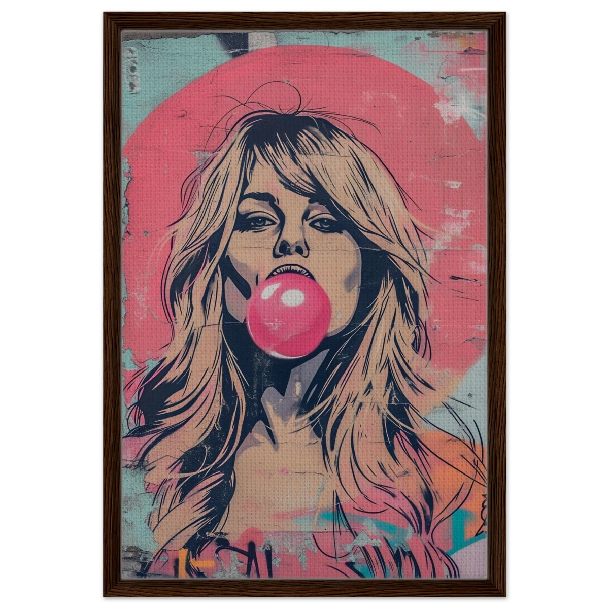 "Bubblegum Bardot" – Urban Pop Art Wall Print - Framed Canvas - 50x75 cm / 20x30″ - Dark wood frame