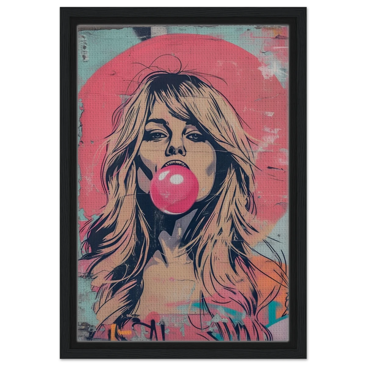 "Bubblegum Bardot" – Urban Pop Art Wall Print - Framed Canvas - 30x45 cm / 12x18″ - Black frame